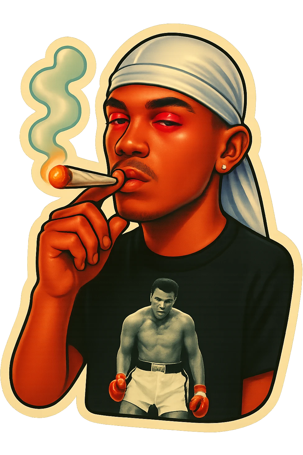 Red eyes lids
Smoking weed
Change His durag To white emoji