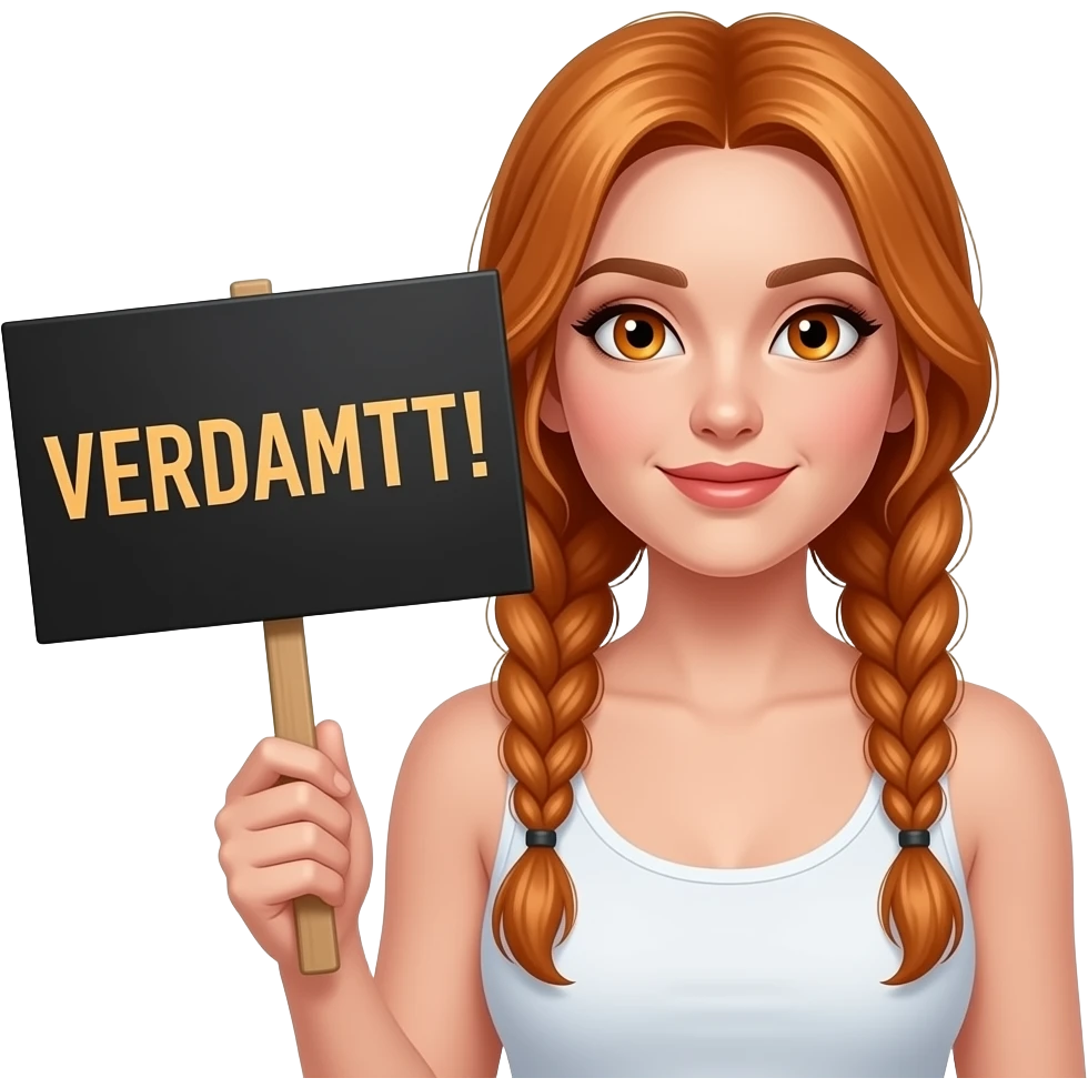 sexy girl with long ginger braids and ginger eyes wearing a white tanktop is holding a black sign with VERDAMMT! written on it emoji