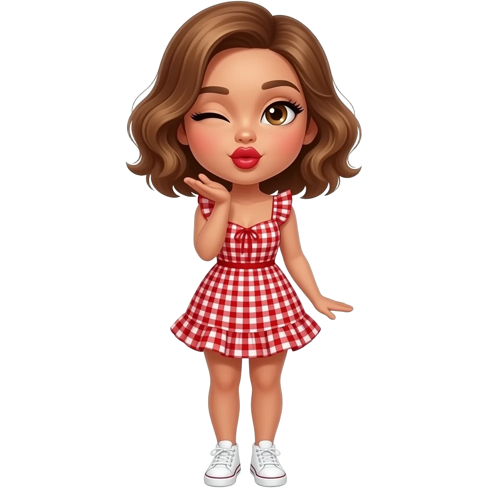 glamours,-tanned,-very-beautiful-girl,-with-big-plump-red-lips,-long-long-lashes,-honey-silky-very short- hair,-wavy-hair,-hazel-eyes- wearing- red-gingham-frill - dress- white-sneakers-winking-and-blowing-a-kiss-from-hand-full-body emoji