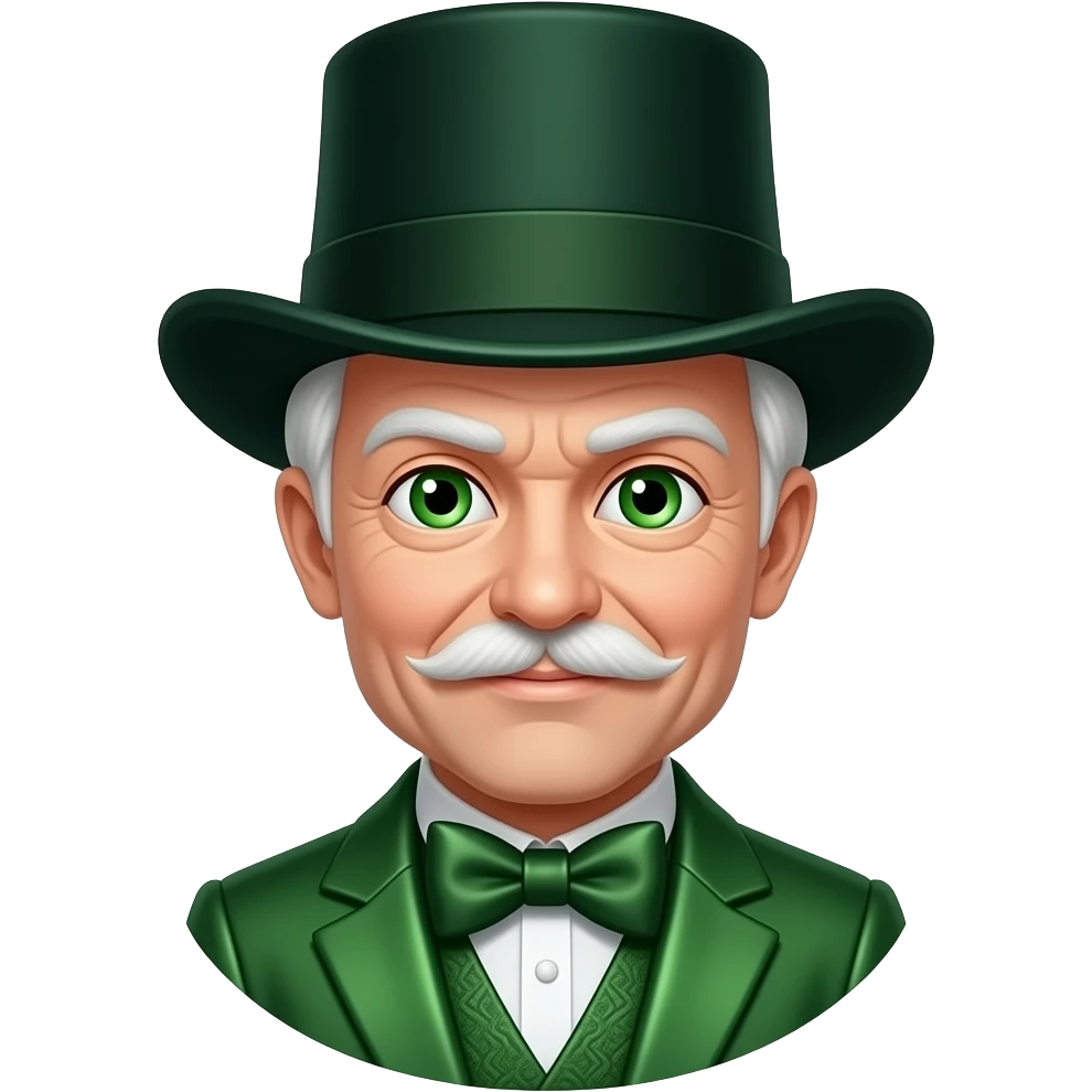 The Wizard from The Wonderful Wizard of Oz with green eyes, white hair and mustache, dark green metallic suit with bow tie, dark green hat emoji