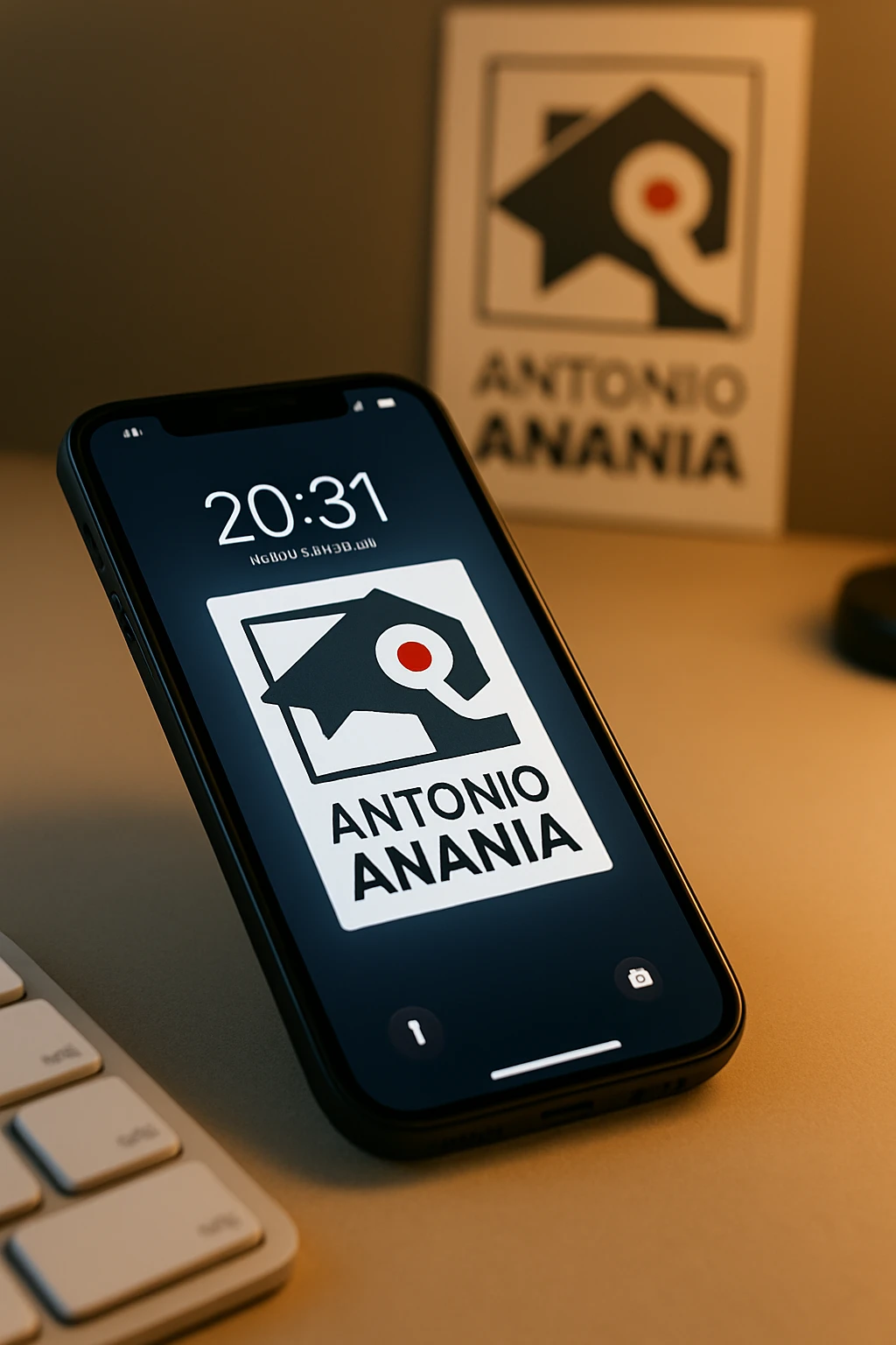 A photo of an iPhone with the message "Antonio Anania" on its screen, The phone sits atop a desk with a blurred background that suggests work environment. A faint glow from above casts gentle shadows across the surface of each object, creating depth and highlighting their textures emoji