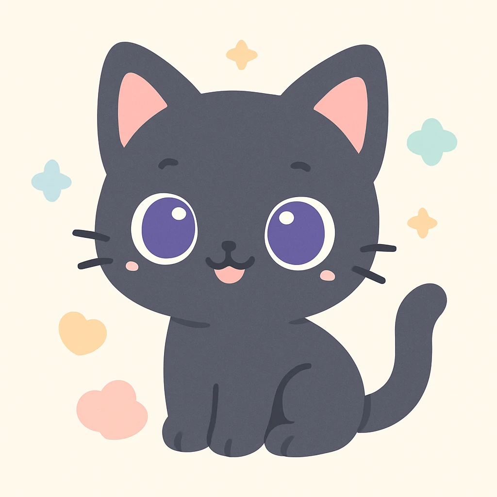 adorable black kitten with big purple eyes, playful expression emoji
