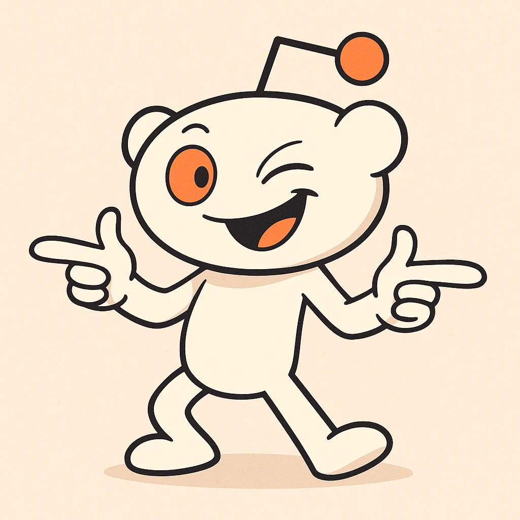 Snoo the Reddit mascot doing finger guns, cartoon style, energetic pose, white and orange colors emoji