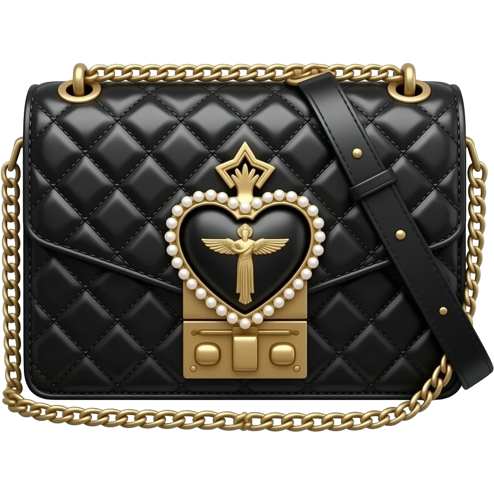 Realistic, detailed, isolated, 3d render,  Dolce&Gabbana
Devotion Medium Quilted Crossbody Bag, in black leather with a Pearly-beaded sacred heart logo seal in golden hardware on front, 8k hd, no emoji icons no emoji faces  emoji