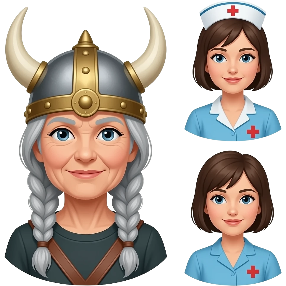 Viking helmet older gray braids, cropped older woman cropped hair  hair woman, older short hair nurse woman and nurse short hair couple emoji