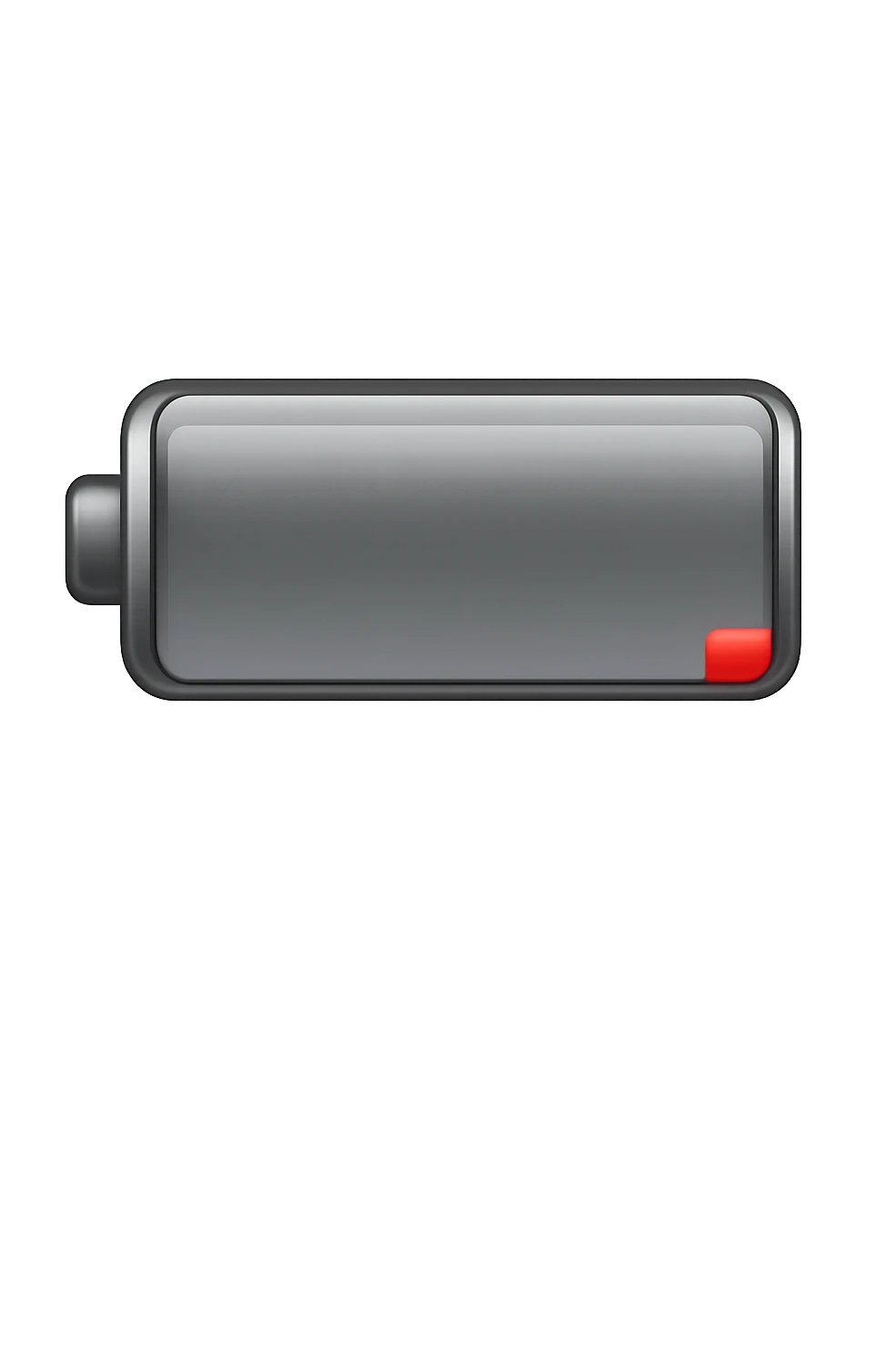 iPhone-style emoji of a battery that is almost empty, with a small red bar at the end indicating low energy. Clean, minimal, glossy look, transparent background. emoji