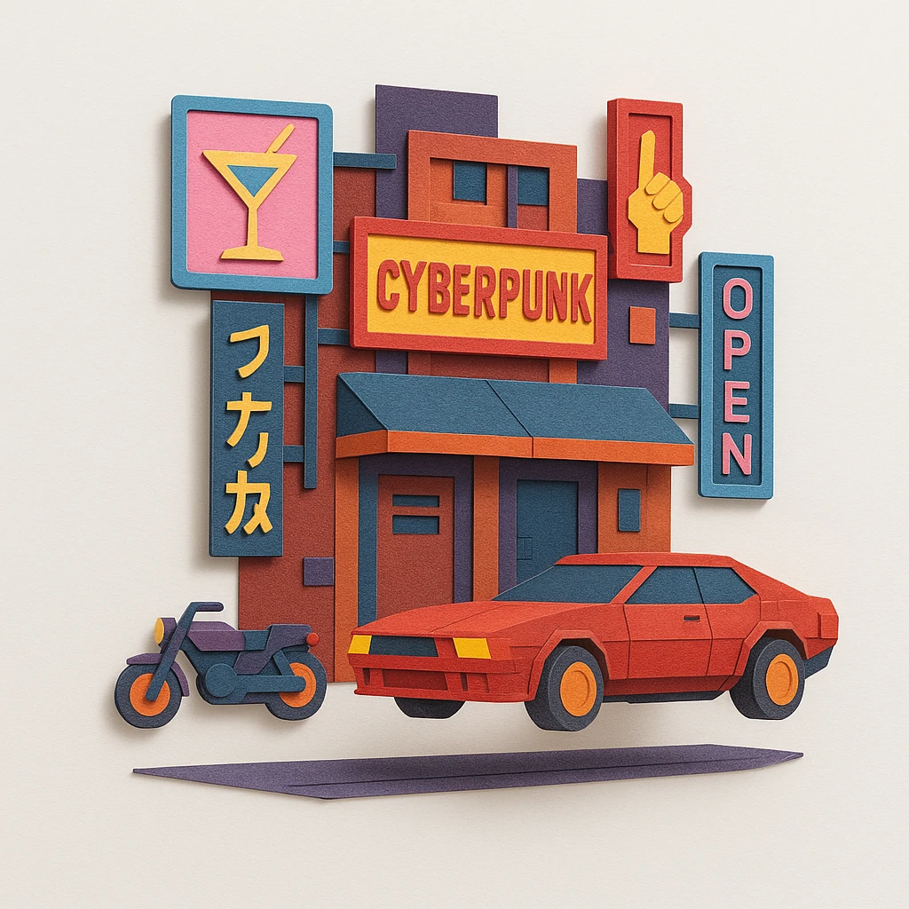 cyberpunk 2077 street scene with layered neon signs and futuristic vehicles, paper craft style emoji