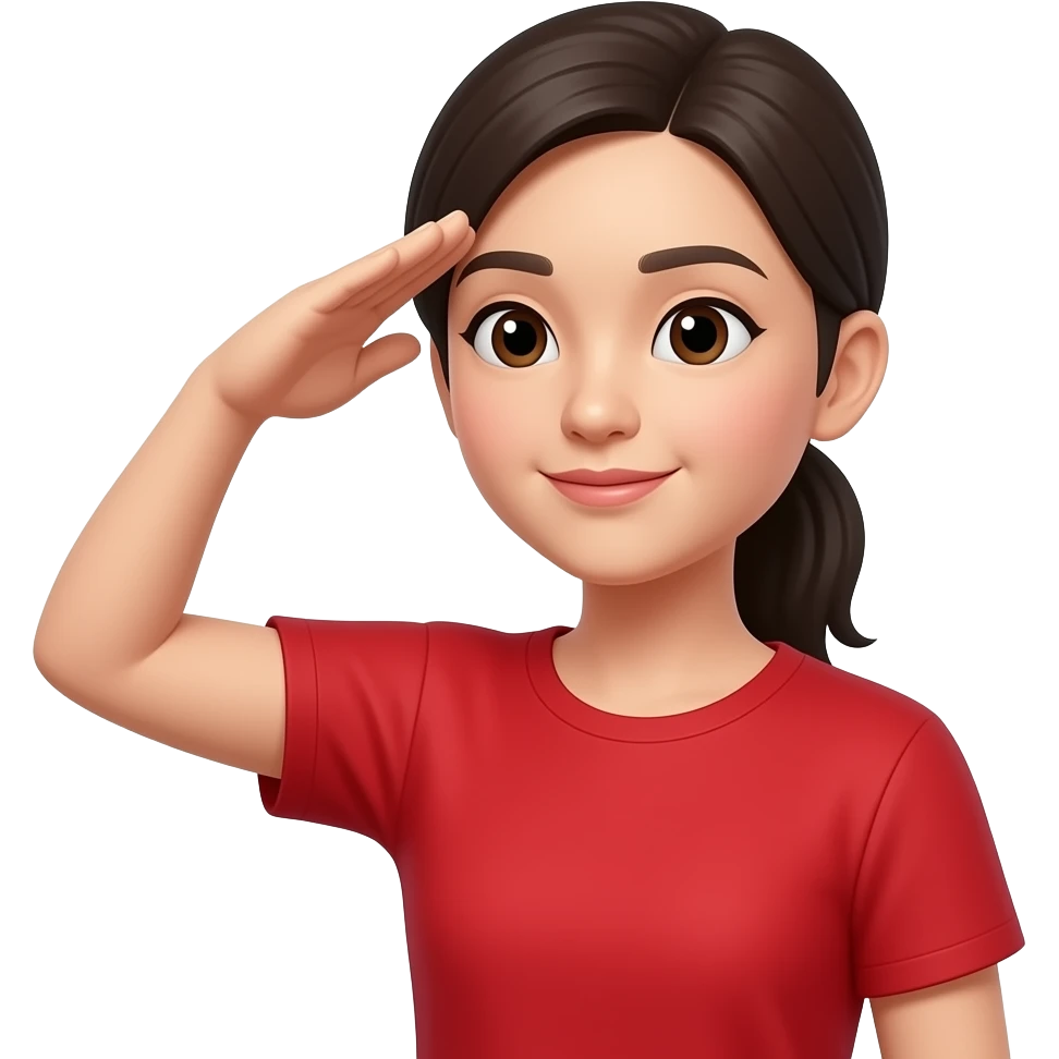 chinese woman saluting in red t shirt with low pony tail and side part emoji