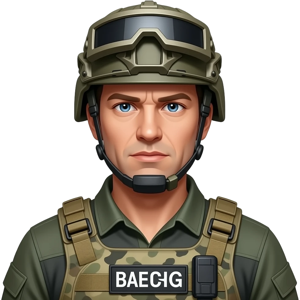 A high-quality 3D emoji of a bald 40-year-old man, slightly tanned, showing his upper body. He wears a level 3 PUBG Spetsnaz helmet, visor up, and a tactical vest. Serious yet charismatic expression, realistic texture, volumetric lighting, isolated on white background. emoji