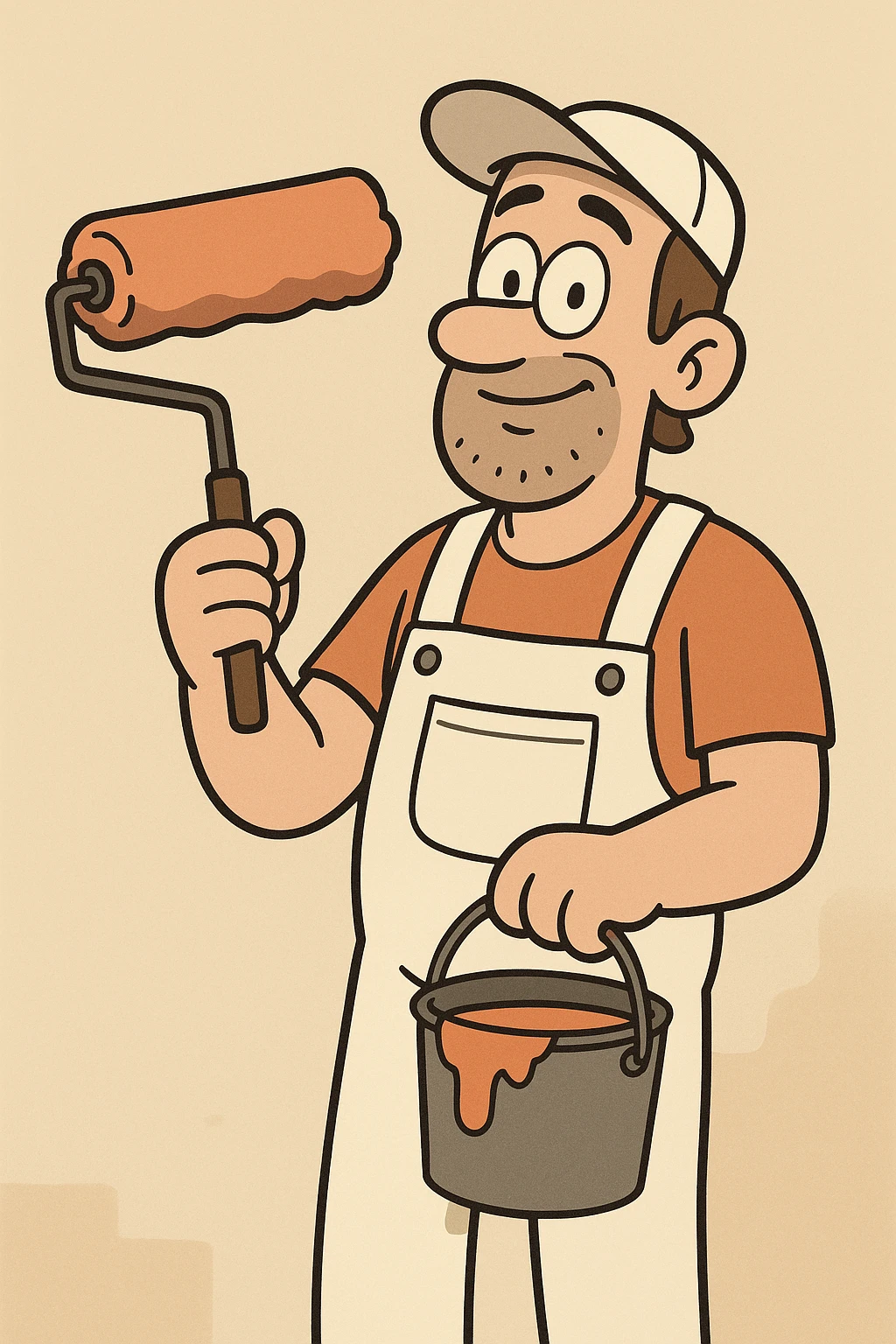a wall painter with a roller and paint bucket, cartoon style emoji