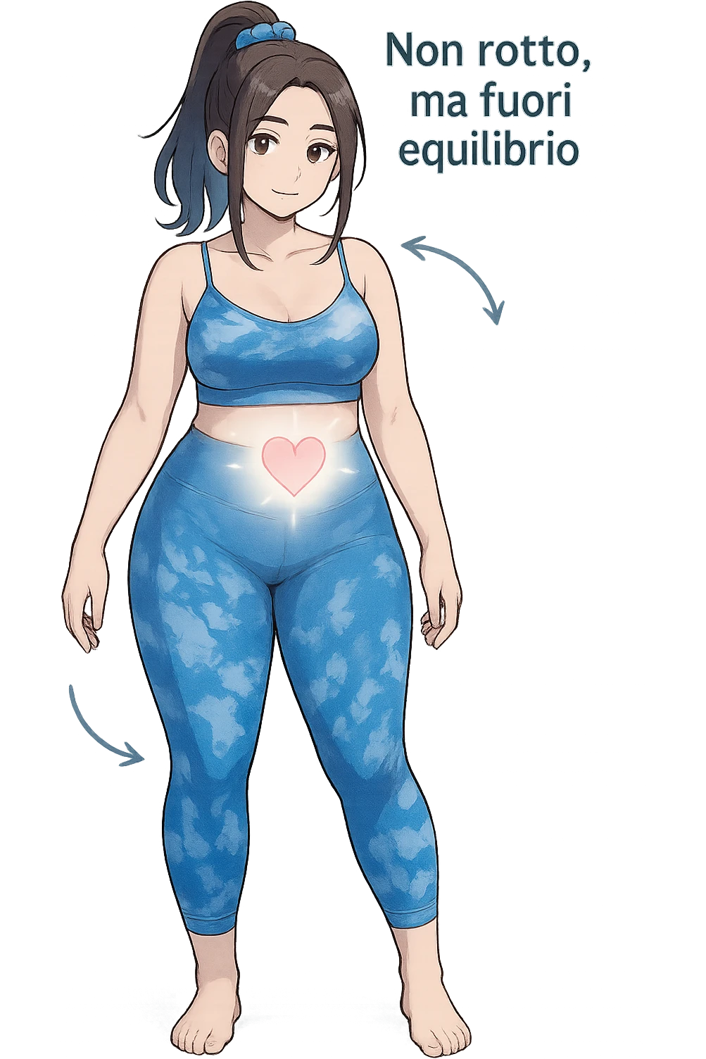 stile manga a woman stands in a relaxed pose, with a gentle, confident expression. Her body is shown with subtle, curved lines or arrows indicating areas of imbalance (such as a slight tilt in the shoulders or hips), but no signs of injury or damage. A soft glow or heart symbol at her core emphasizes resilience and the message “Non rotto, ma fuori equilibrio” The background is clean and clinical, with light blue tones. emoji