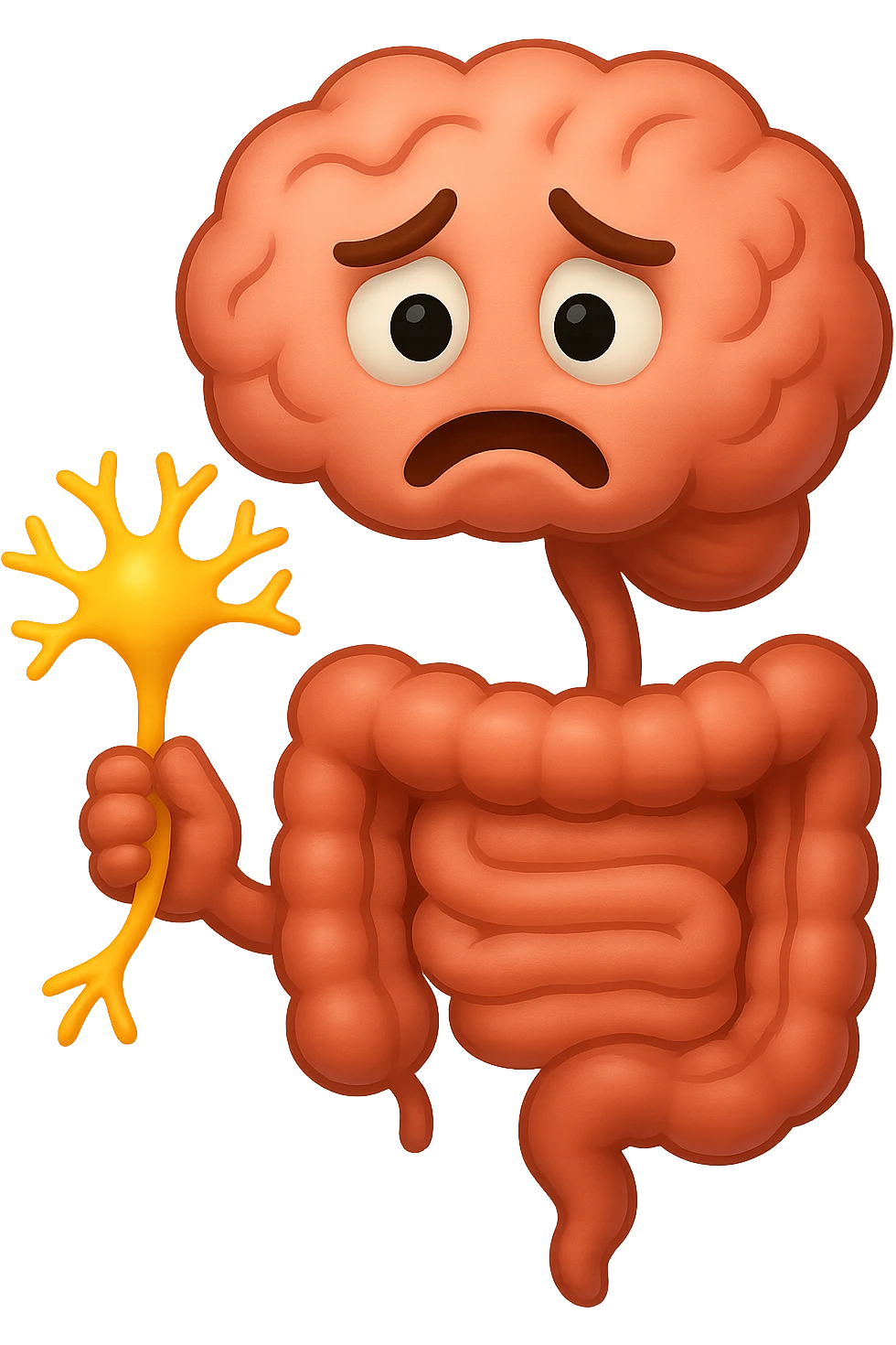 EMOJI STILE IPHONE DI UN INTESTINO collegato verticalmente ad un cervello mentre tiene in mano un neurone, espressione stressata, IPERREALISTICO 4K emoji