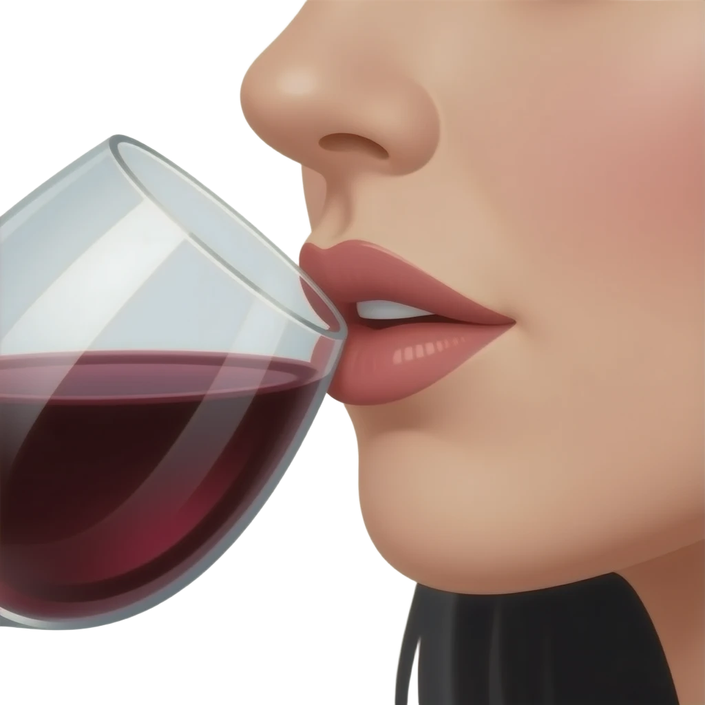 sip of wine just the lips, woman, crop on the woman lips, close up on the woman lips and glass of wine, show the glass of wine more, black hair emoji