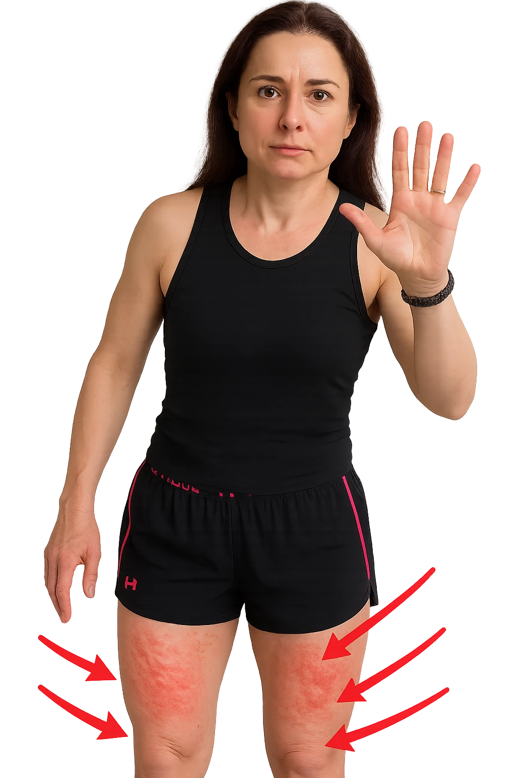 Donna con cellulite sulle cosce indica le cosce che sono infiammate di cellulite con frecce ad indicare  emoji