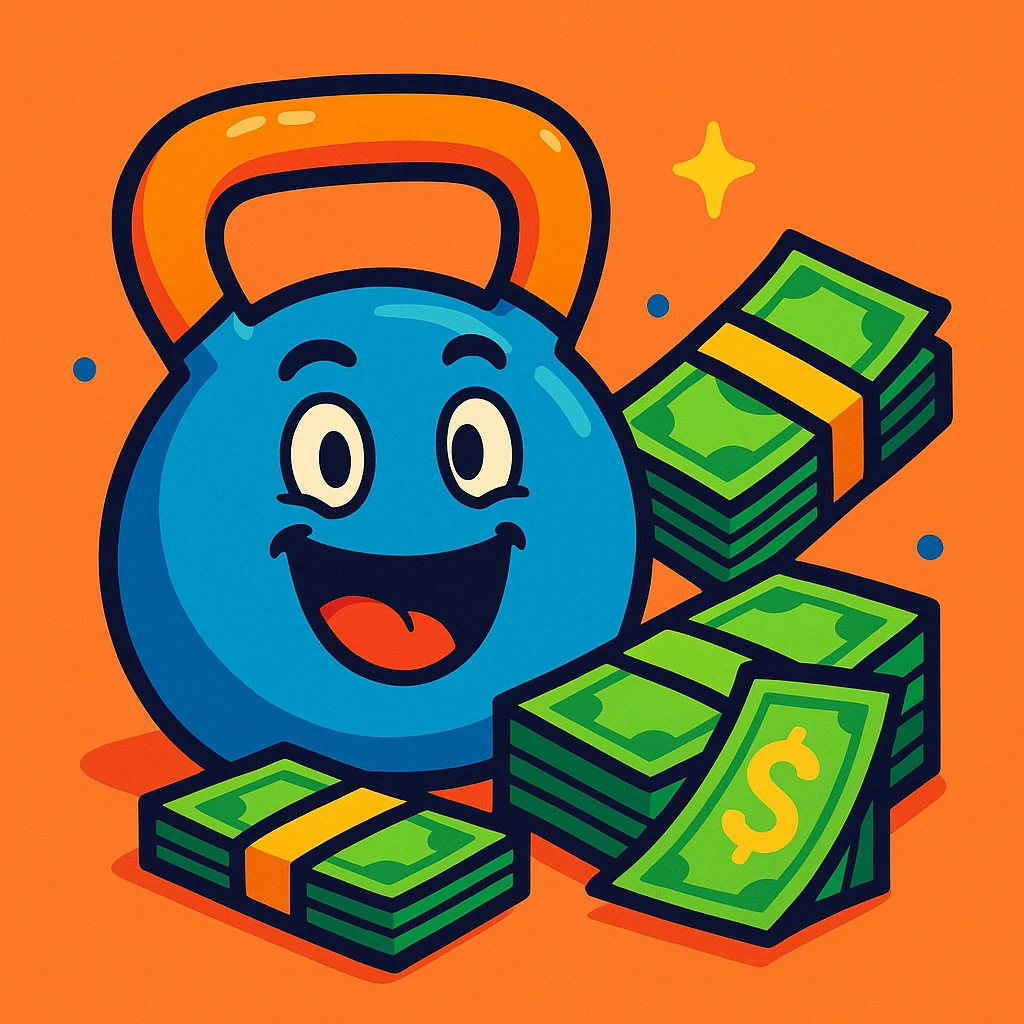 cartoon style kettlebell and money emoji