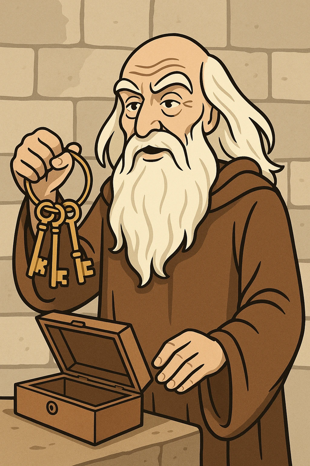 Père Fouras from Fort Boyard opening the keys to the fort, flat toon style, cartoonish, expressive face, old wise man with long white beard, brown robe, stone background emoji