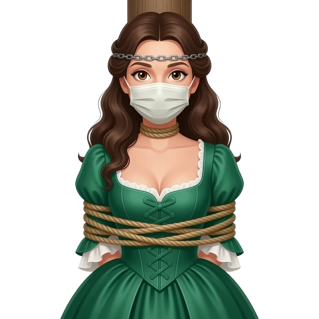 Brunette woman in emerald green 1770s gown with long flowing hair, ample bosom, gagged and bound to tall post, with lower rope tied just beneath bosom and another upper single rope tied around her head at mouth level. Upper rope around mouth level only! No chains or cloth face mask in image! emoji