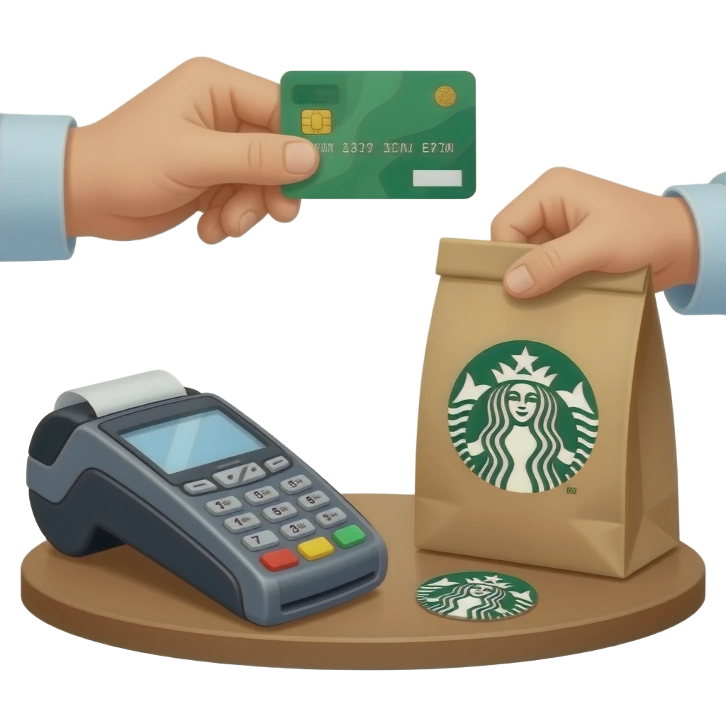 Please show hands of customer left hand they should be paying with their card on POS SYSTEM , have their phone on the table with the starbucks loyalty point and the cahsier should be handing them a pastry in a starbucks packaging emoji