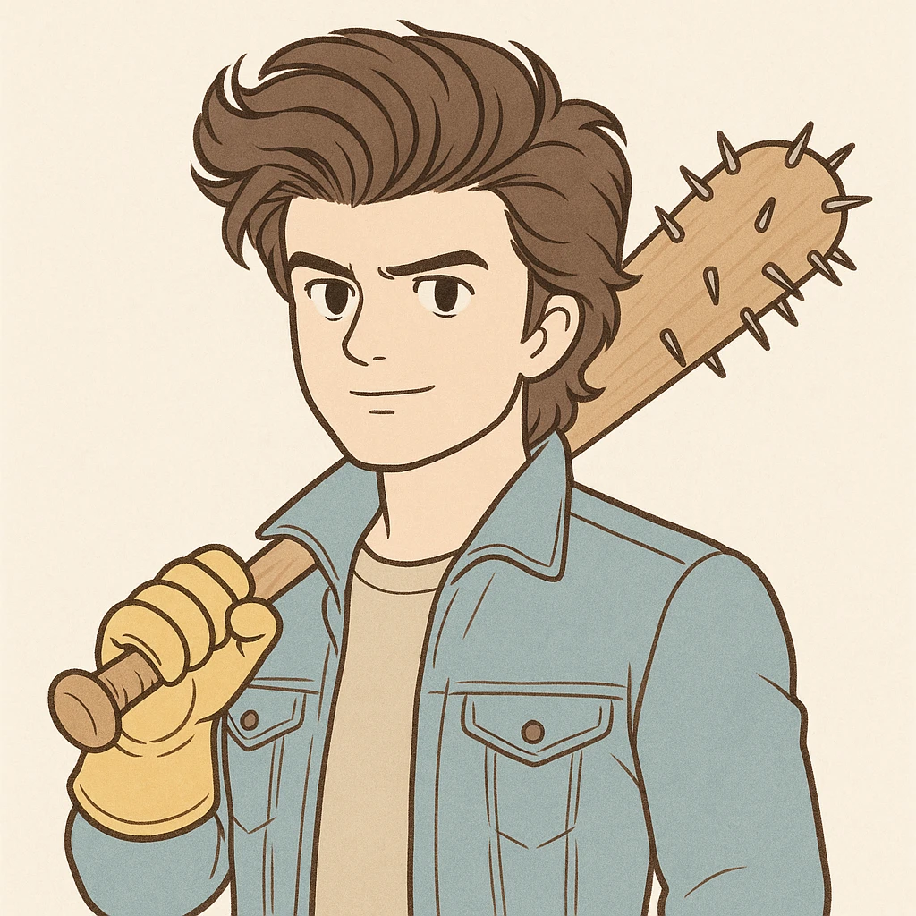 Steve Harrington from Stranger Things, iconic look: voluminous hair, blue jacket, yellow gloves, baseball bat with nails, confident expression, simple line art, light pastel tones, thick outlines, in Ghibli style, square 1:1 format. emoji
