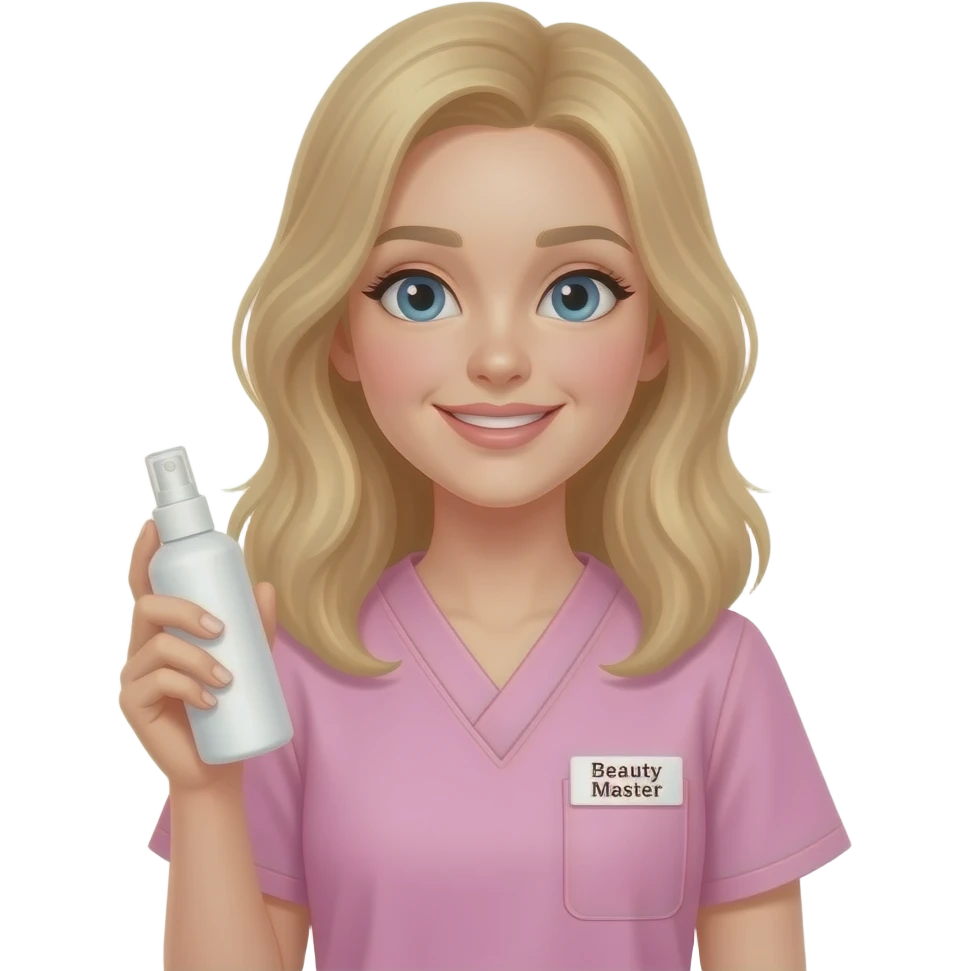 pretty fair-haired girl in pale pink scrubs, slight smile, holding middle white spray bottle, name tag "Бьюти Мастер". Pastel colors, clean vector, white background --ar 1:1 emoji