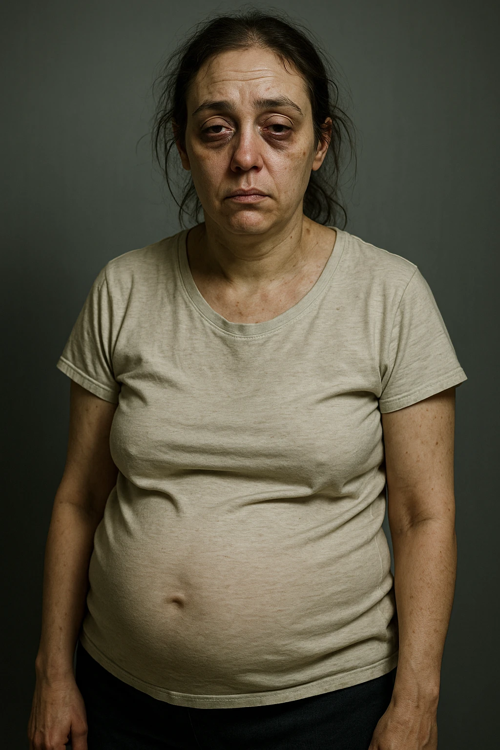 realistic portrait of a woman with PCOS, very tired and debilitated, dull skin, dark circles, thinning hair, abdominal bloating, fatigued posture, clinical style, detailed realism, dramatic lighting, vertical 2:3 aspect ratio, no text emoji