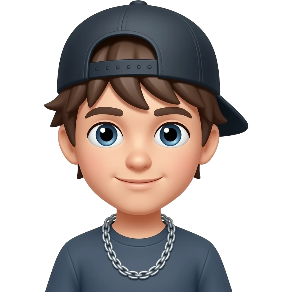 Un niño con gorra de costado con cadena  estilo emoji con el pelo desordenado emoji