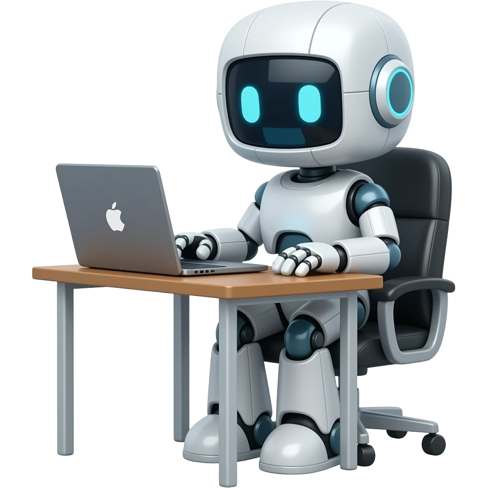 Genera un personaje de  ROBIOX de cuerpo completo sentado en un escritorio con una laptop emoji