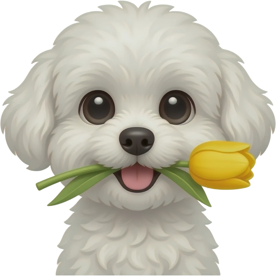 Very small fluffy most cutty dog, happy, white, for profile, look front, holding yellow tulip using mouth, body emoji