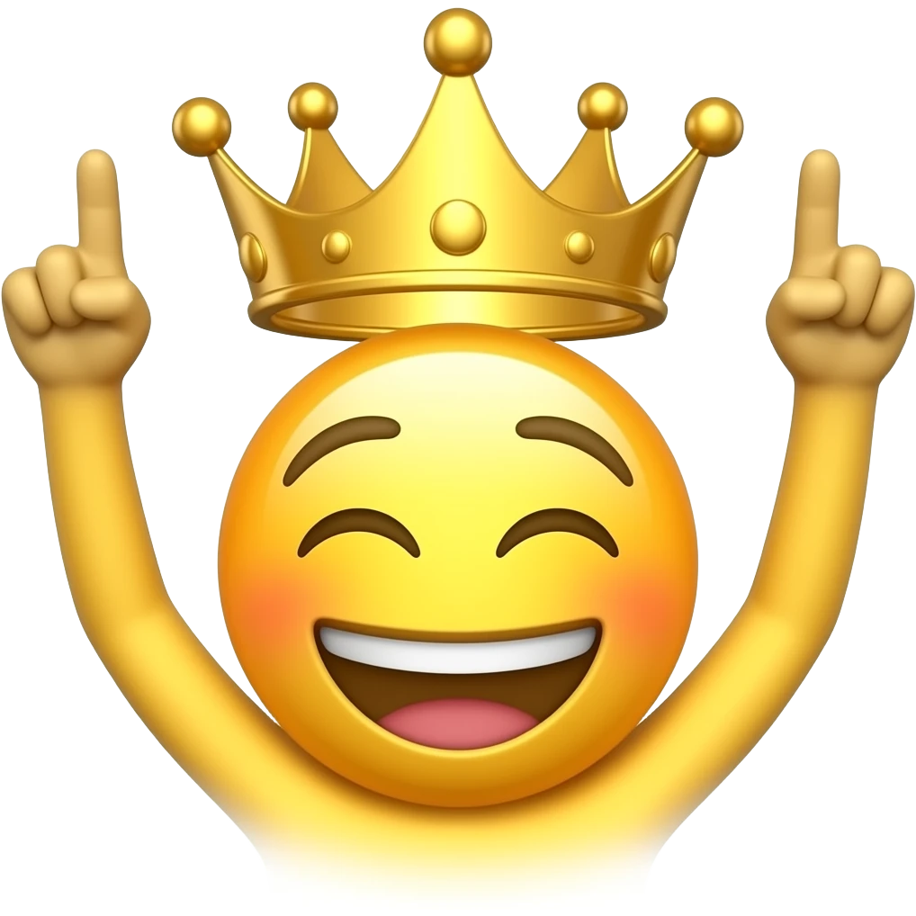 célébration, personnage avec les deux bras levés vers le ciel, les index pointés vers le haut, visage souriant les yeux fermés de joie, style dessin plat, contours noirs épais, fond blanc, style autocollant, art vectoriel propre et coloré avec l’emoji de base jaune sans le cors que la tête emoji