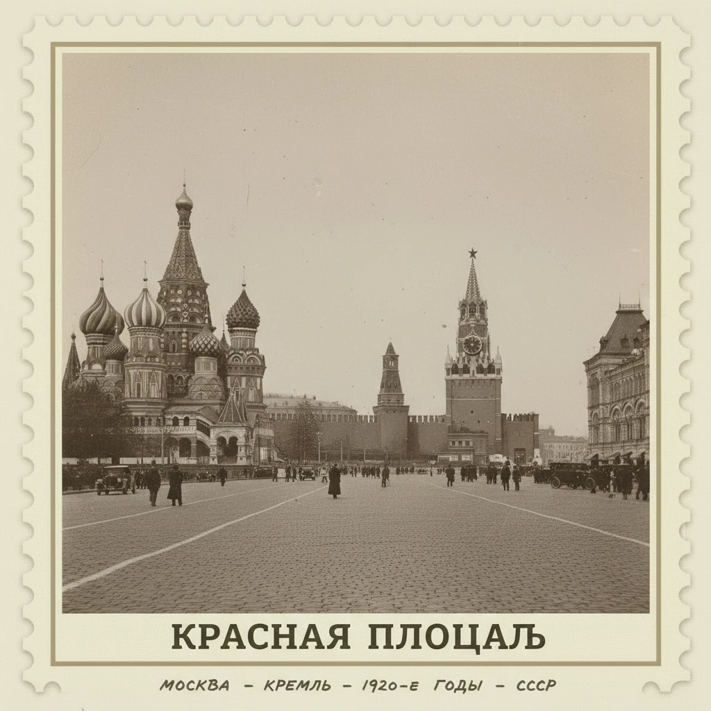 Марка на которой изображен Красная площадь с Кремлем

Стиль марки такой же, как на прикрепленном фото emoji