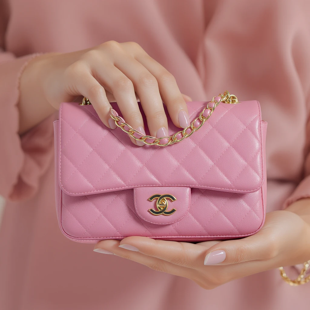 pink Chanel purse, professional photography style, realistic and elegant emoji