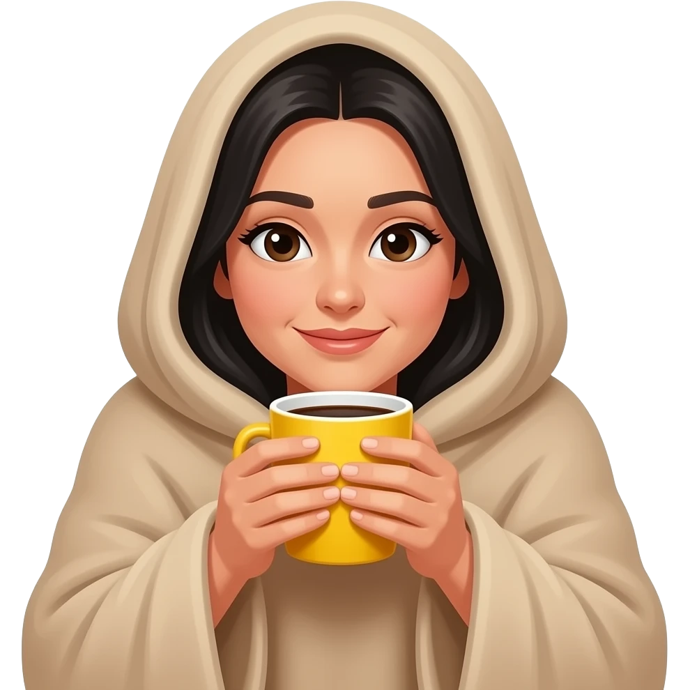 A white woman with black hair, with a large beige blanket, drinking coffee in a yellow mug, very cozy, iPhone emoji style emoji