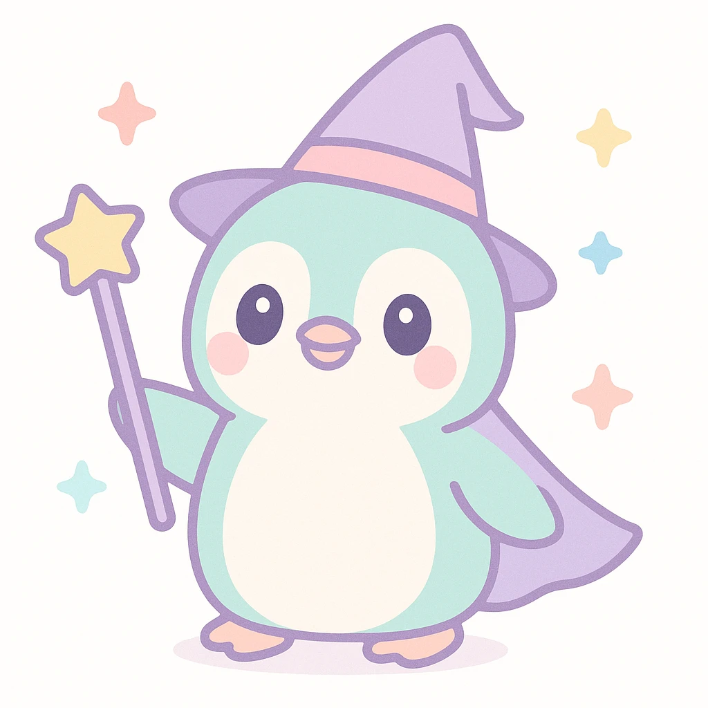 a penguin dressed as a wizard, with a pointy hat and a magic staff, in a fun and whimsical style emoji