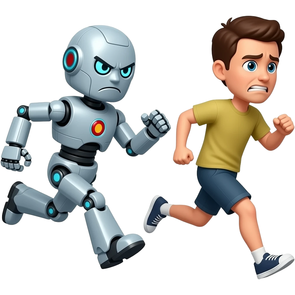 Angry robot chasing an running frustrated human emoji