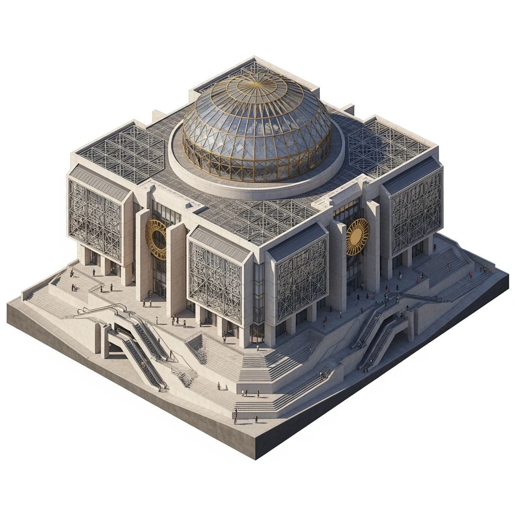 Isometric photorealistic illustration of Birmingham library highly detailed in semi-realistic, 3D miniature effect, transparent background. emoji