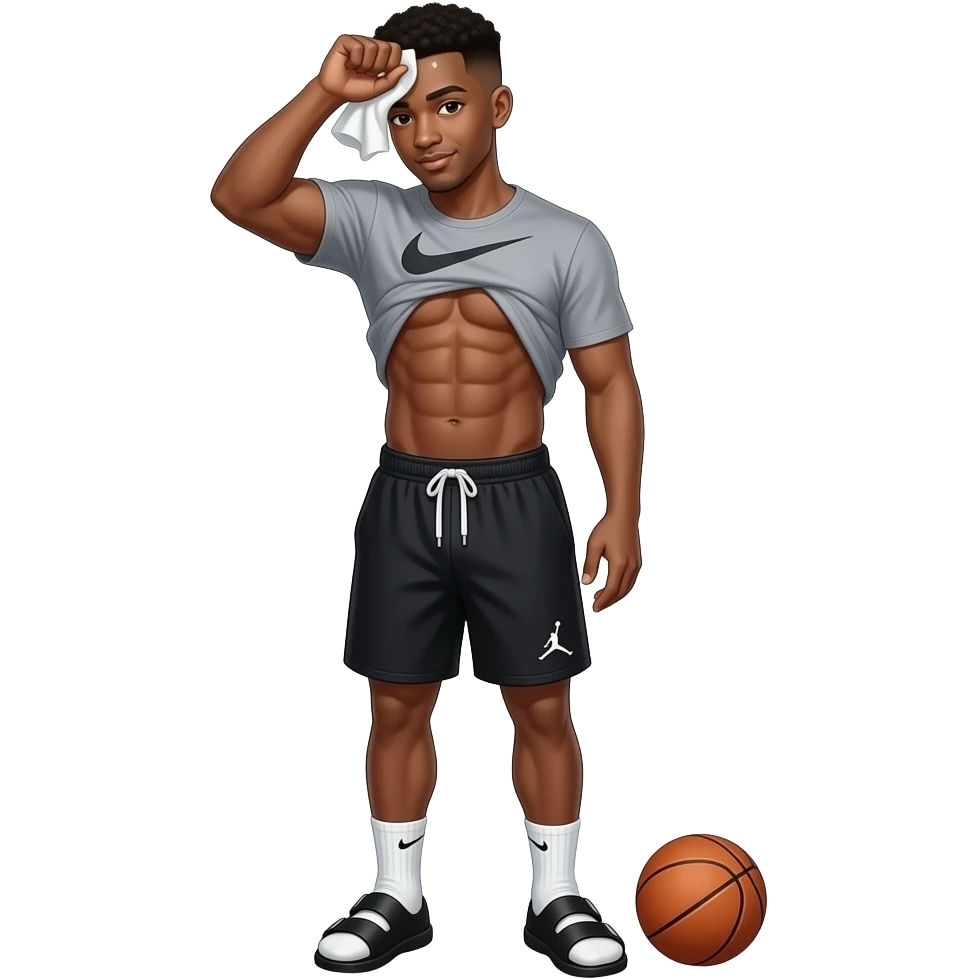 make a black skinned 20 year old with a low taper fade wearing a grey nike t shirt and he is wiping the sweat off his forehead with the bottom of his t shirt and then yoy can see his abs, he has black jordan shorts with black birkenstocks wearing white nike socks and the ball is on the side of him emoji