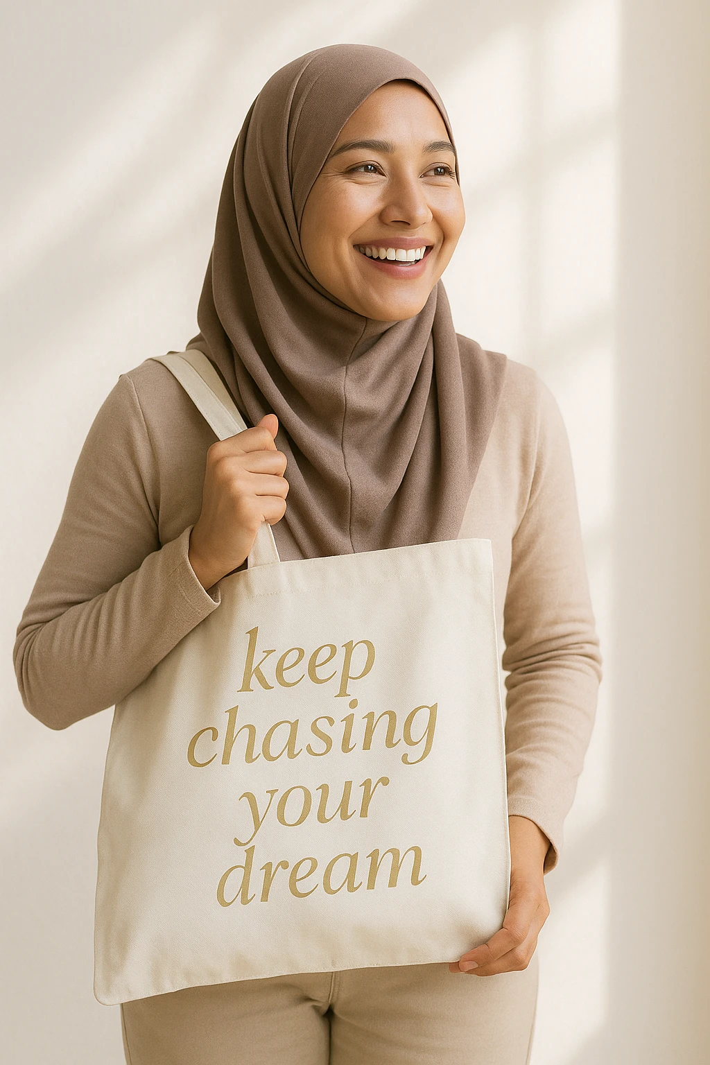 A smiling hijabi woman with a tote bag, the bag displays 'keep chasing your dream' in elegant soft gold lettering. The scene is positive and inspiring. emoji