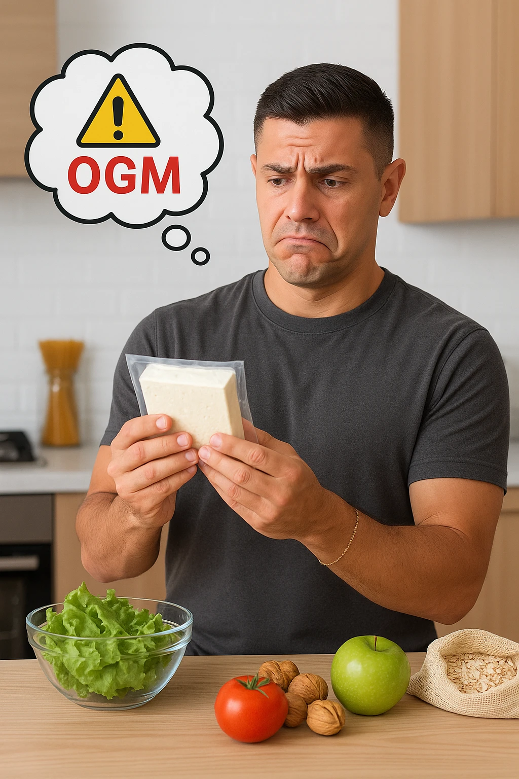un uomo in cucina tiene in mano una confezione di soia o tofu, osservandola con un’espressione scettica e preoccupata. Sopra la confezione, una nuvoletta di pensiero mostra la scritta “OGM” evidenziata in rosso, accompagnata da un simbolo di allarme o un punto interrogativo. Sullo sfondo, altri alimenti naturali sono visibili sul tavolo, sottolineando la sua preferenza per prodotti non OGM. emoji