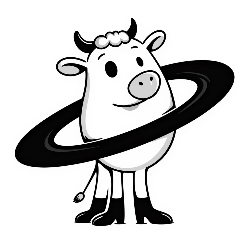 a cow with the body of the planet Saturn with visible rings and gigantic human feet, illustrative style emoji