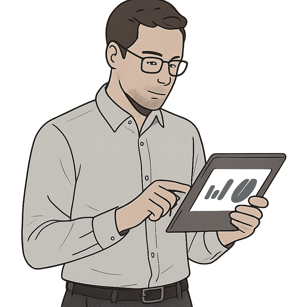 modern accountant, analyzing charts on a tablet, smart casual outfit, minimalistic style emoji