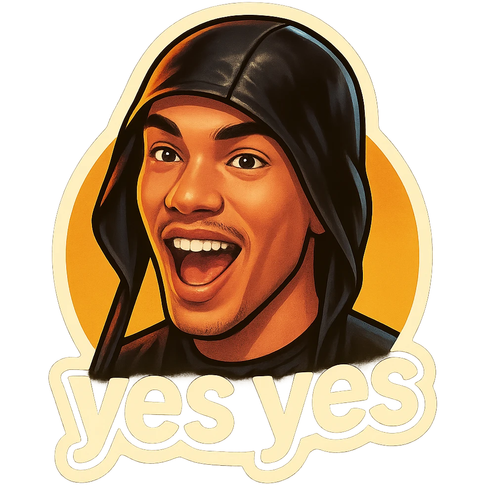 excited smile with mouth open
add the words “yes yes" in White emoji