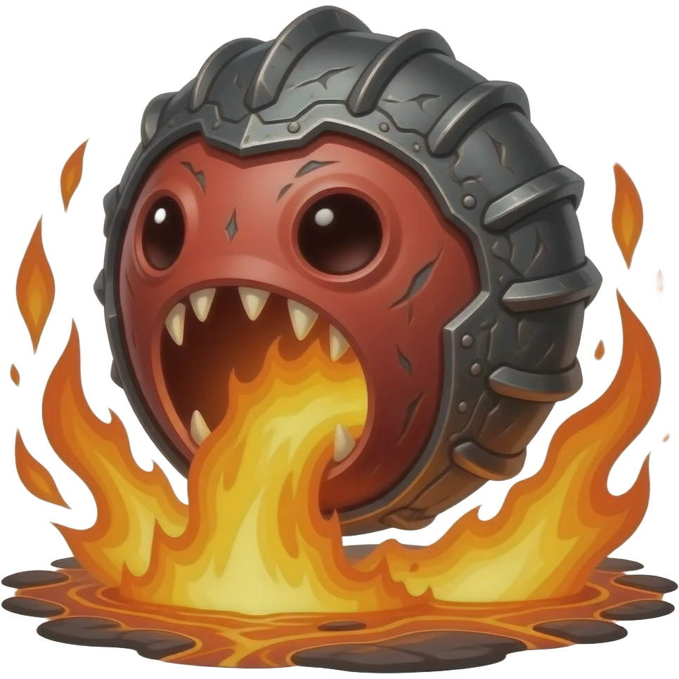 A red sime-ball-like monster with charcoal armor plates and a furnace-hot jaw. It lurks near geothermal rivers and snaps with explosive bursts of heat. emoji