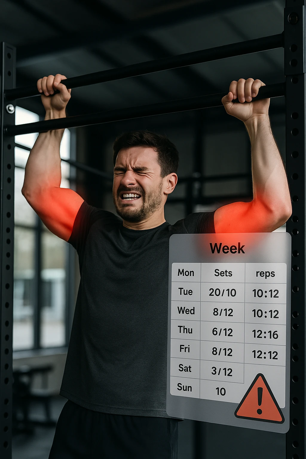 a man in gym attire performs pull-ups on a bar, with his elbows highlighted in bright red to indicate inflammation. A digital overlay shows a weekly training log with high numbers of sets and reps, and a warning icon appears next to the log. The man’s face shows pain and fatigue. The background is a modern gym, emphasizing the link between excessive training volume and injury. scritto in italiano emoji