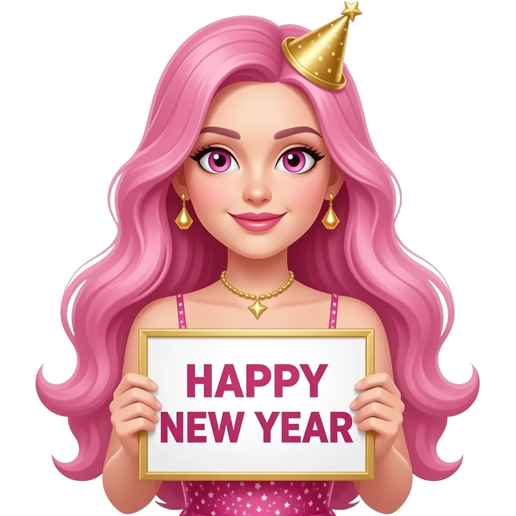 sexy girl with long pink hair and pink eyes wearing new years dress holding a HAPPY NEW YEAR sign emoji