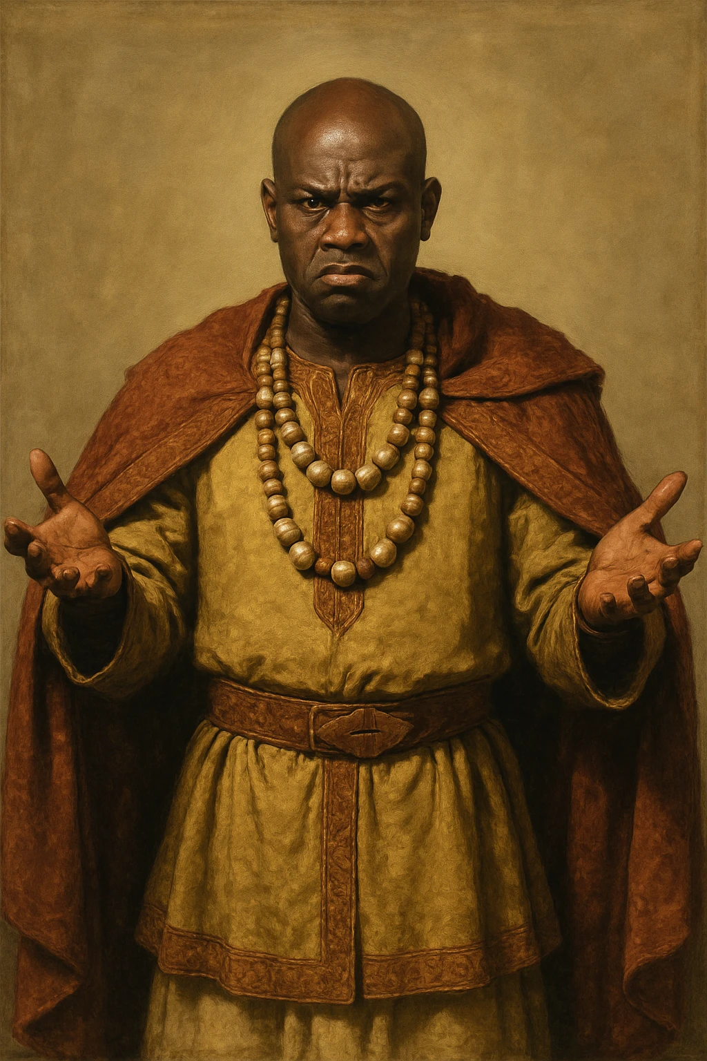 Сгенерируй мне афроамериканца в национальном африканском СРЕДНЕВЕКОВОМ костюме, с бусами лысого,  . Строго в анфас. Его лицо чуточку недовольно, а руками он размахивает и разводит в сторону. На однородном фоне. В стиле реалистичной живописи. Он полностью помещается в экран и не обрезается краями изображения emoji