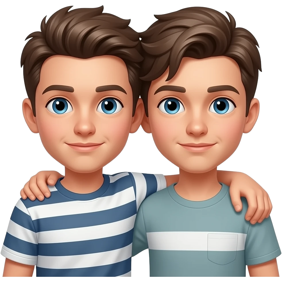 Erstelle ein Emoji von zwei Brüder, der eine um die 20 und der andere um die 24, der älter Bruder legt sein Arm über sein jüngeren und der jüngere legt auch sein Arm um sein Bruder und beide legen die Köpfe aneinander. Beide haben blaue Augen emoji