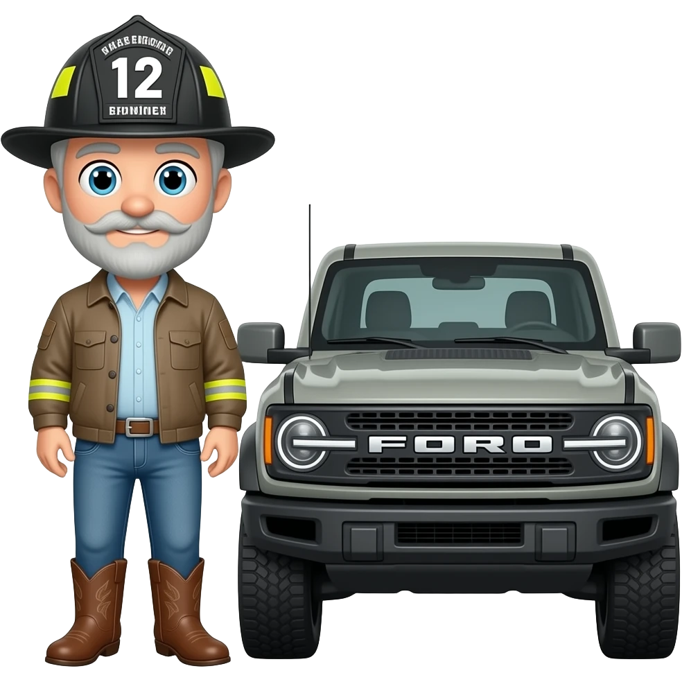 Ford bronco Cartoon emoji-style grey haired man in jeans, cowboy boots, and a firefighter helmet with 12 on the front standing next to marsh gray colored 2025 ford bronco emoji