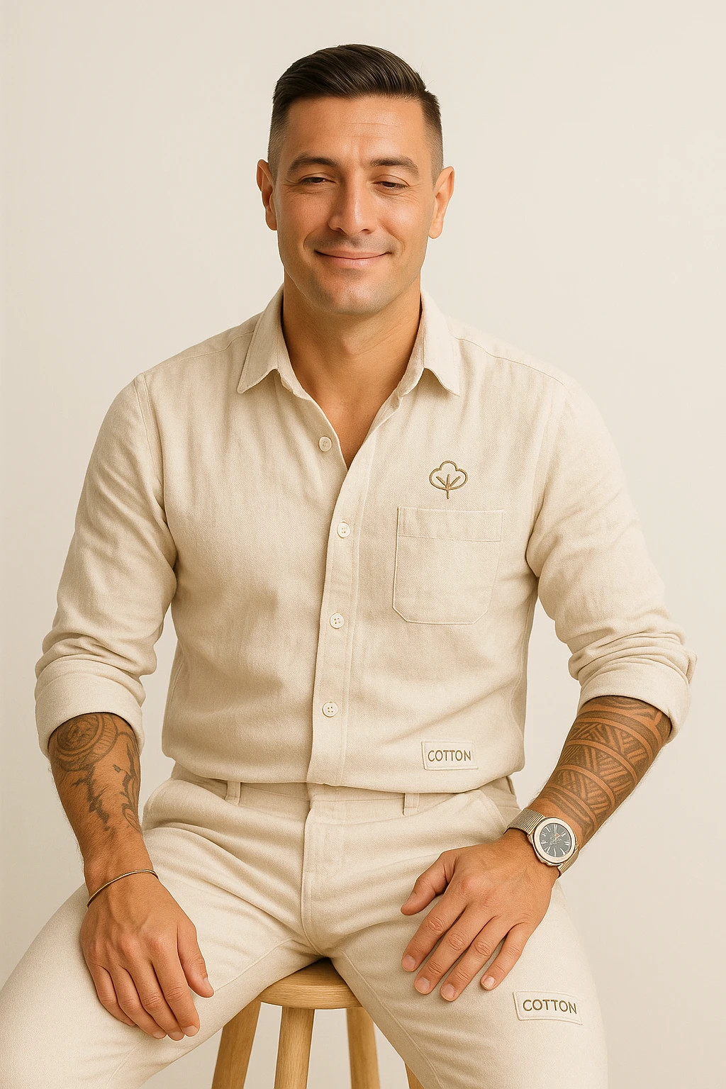 Create a very realistic vertical image of a man similar to the reference photo. The man is wearing only natural cotton clothes with visible labels or symbols indicating 'cotton'. He has a serene and satisfied expression. The atmosphere is bright and healthy with natural details. The aspect ratio is 2:3. emoji