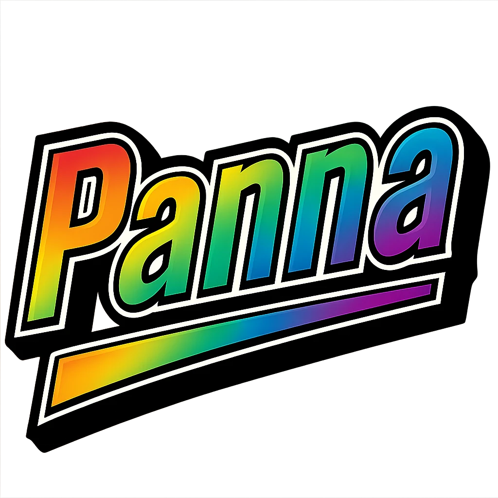 The name 'Panna' in modern, precise Hungarian letters with a rainbow gradient fill, extra thick white letter border, dark contour, transparent background, dynamic slanted underline, in the style of the reference samples. emoji