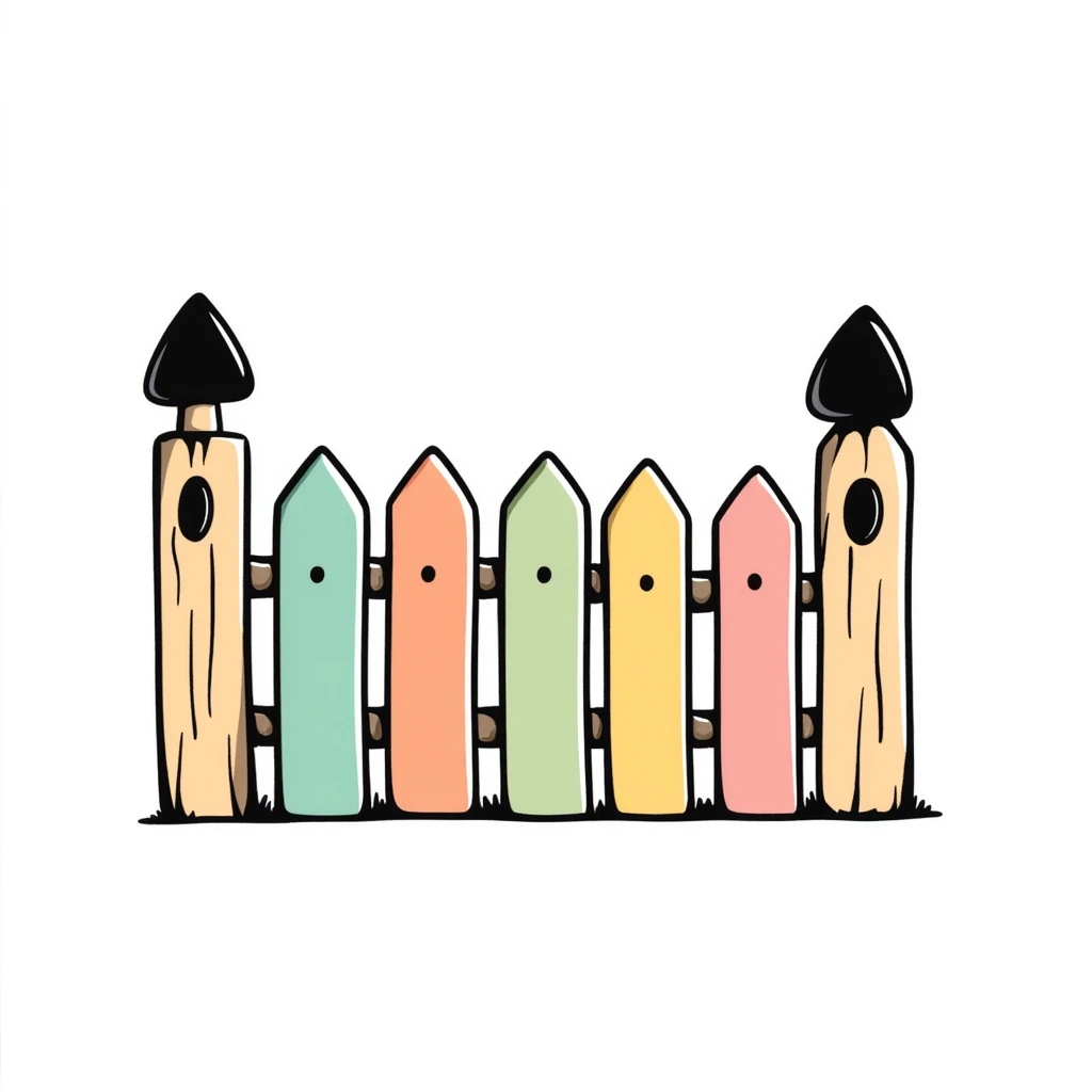 A wooden garden fence with decorative posts in pastel colors (dd9fb0, ffc6d3, a3bfc9, c4bee2, f1b091), hand-drawn doodle style emoji